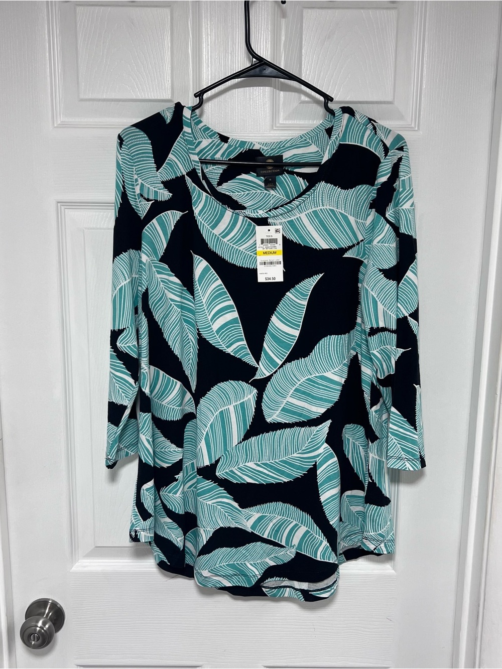 NWT Alfani Teal Leaf-Print Long-Sleeve Top Size M